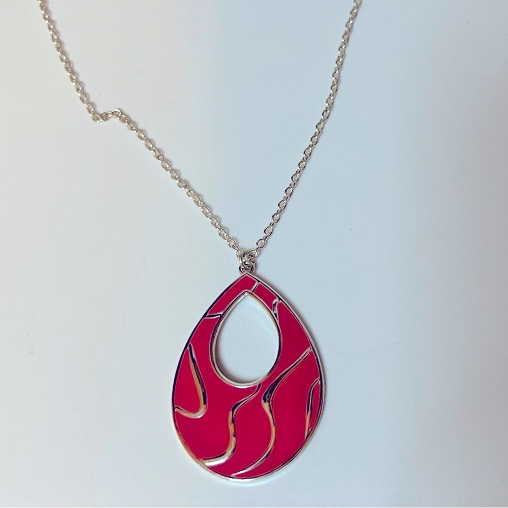 Adjustable Pink Enamel Teardrop Necklace w Silver Waves for Plus Size Women Gift